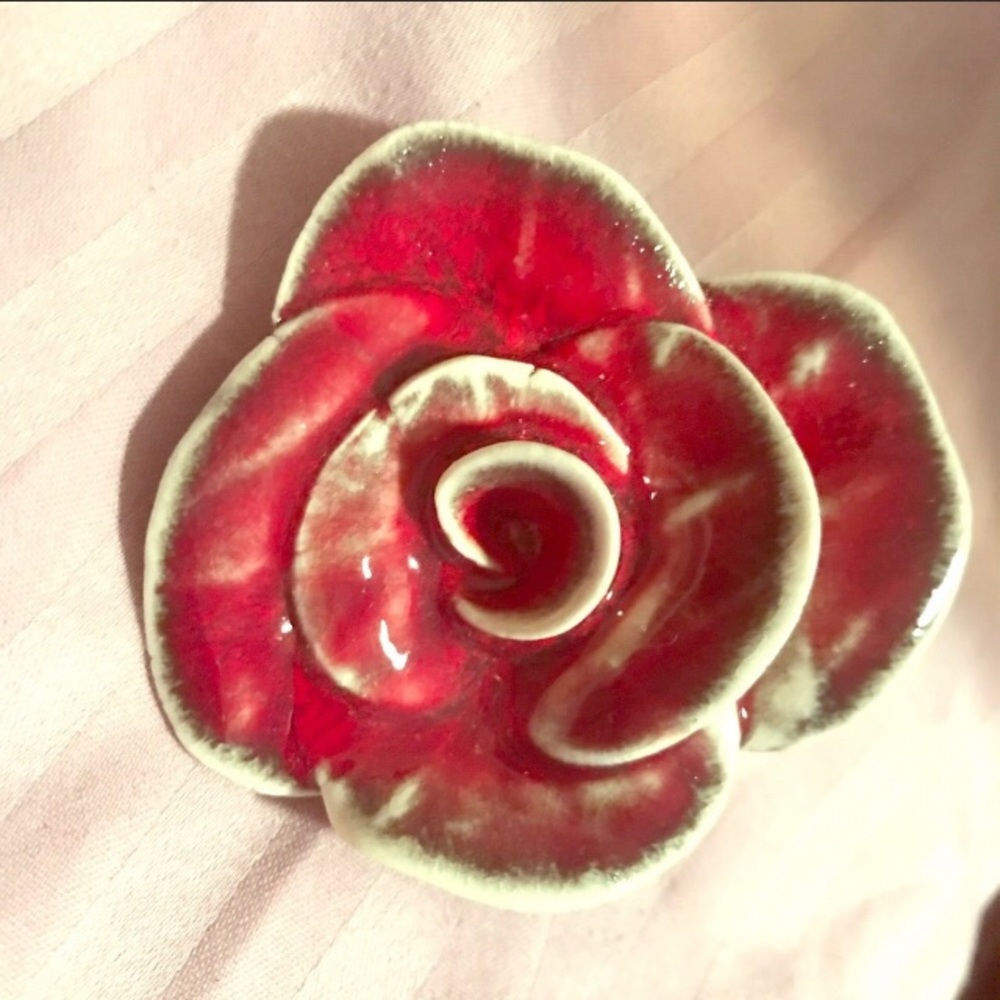 Rare Ceramic Rose Brooch Pin Realistic Rose Painted C… Gem